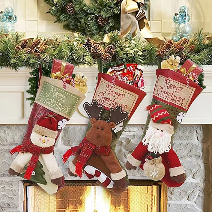 3 Pack Christmas Stockings, Xmas Stocking Gift Bag for Christmas Fireplace Decorations and Treats for Kids and Adults, Ivory, Burgundy, Green, xs Socks