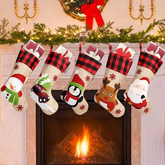 ZLKJ Christmas Stockings Classic Xmas 5 Pack Buffalo Plaid Cuff with 3D Santa Hanging Fireplace Decoration Stockings for Holiday Christmas Tree Decor Party Gift 19.69 Inches